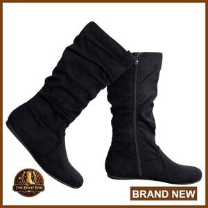 Slouchy Suede Mid-Calf Boots Low Heel Side Zipper Casual Chic